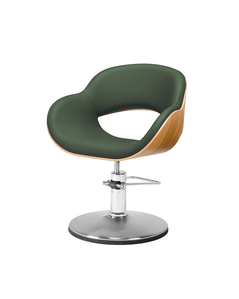 Thea Wood - Green hairdressing chair in wood - Chrome round base